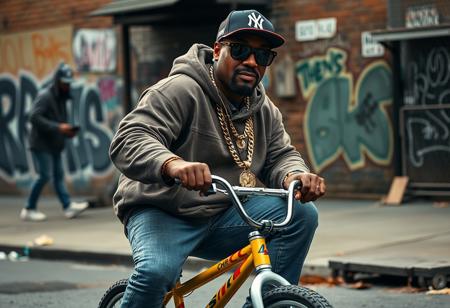 Create a highly detailed, realistic photographic image captured with an aspherical Panavision 105mm lens effect. The scene features a big, heavyset rapper with a bold hip-hop style, inspired by Snoop Dogg and 50 Cent, riding a small, colorful young boy’s bicycle. The rapper wears large gold chains with diamond accents, oversized sunglasses, and a fitted cap turned slightly to the side. His outfit includes a baggy hoodie, jeans, and classic sneakers, with visible tattoos on his forearms. His expression is cool and confident, capturing classic hip-hop swagger. In the background, set in the Bronx, is a gritty urban environment with graffiti-covered walls and a hint of street activity, including someone discreetly smuggling a small, suspicious package. The scene combines realism with a dramatic urban vibe, highlighting hip-hop culture and the street’s raw atmosphere
