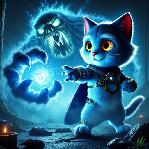 The hero cat uses his amulet, which begins to glow with a bright blue light. He directs the power of the amulet towards the monster to stop it permanently.