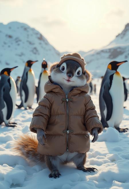 cinematic film still In the snow, there is an ice field with many penguins standing on it. A cute squirrel wearing a brown down jacket and hat takes a selfie in front of him, squirrel has big eyes, fluffy tail, surrounded by more than ten small black and white emperor penguins, in the style of sunset light, hyper detailed . shallow depth of field, vignette, highly detailed, high budget, bokeh, cinemascope, moody, epic, gorgeous, film grain, grainy