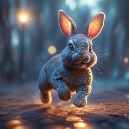 detailed background, masterpiece, best quality, high quality, ultra detailed, highly detailed, high detail, artistic lighting, depth of field, perfect soft lighting, best shadows, perfect reflections, volumetric, detailed image, high resolution, sharp definition, PsychadelicChaos, cute bunny running,