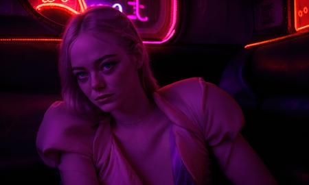 refnstyle, a emst woman close-up, purple tint ,dimly lit,sitting in a club ,at night,dramatic,vibrant,neon lights