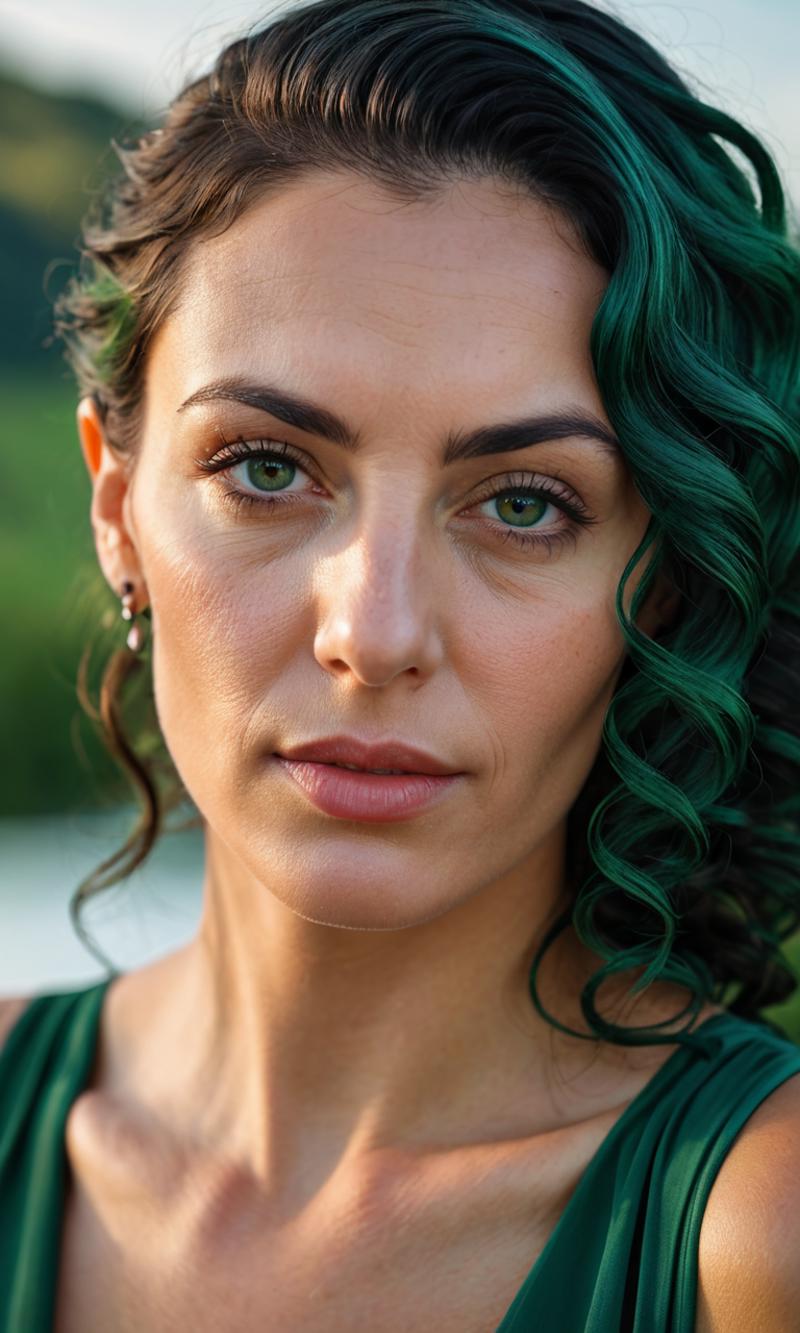 eye focus, heartwarming, cozy, lovely, kindness, a Italian Mafia portrait of a Timeless woman, Lake, dark green hair, ring...