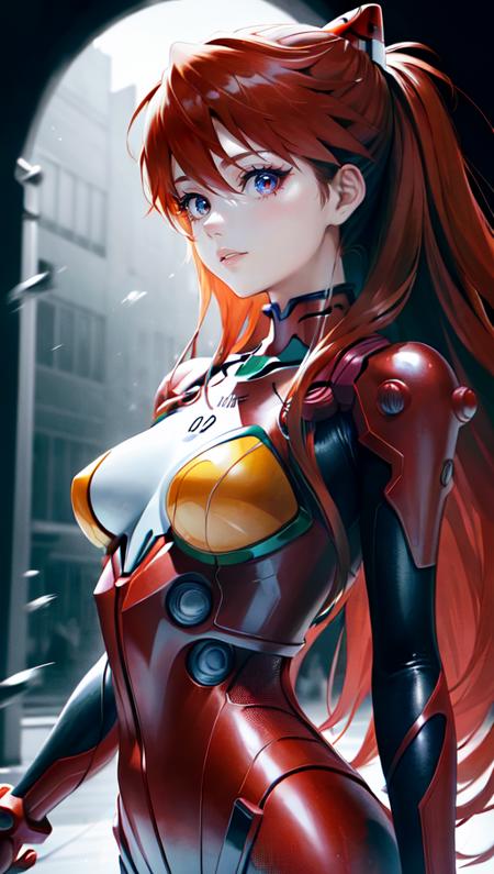 (best quality, masterpiece, colorful, dynamic angle, highest detailed)(Asuka Langley), upper body photo, fashion photography of cute red long hair girl (Asuka Langley), dressing  high detailed Evangelion red suit (high resolution textures), in dynamic pose, bokeh, (intricate details, hyperdetailed:1.15), detailed, sunlight passing through hair, monocromatic splash art background(high contrast, official art, extreme detailed, highest detailed),