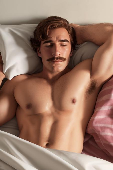 masterpiece, best quality, harvey sdv, 1boy, solo, brown hair, looking at viewer, lying, brown eyes, short hair, thick eyebrows, muscular, on bed, upper body, mature male, sleeping, bed, bed sheet, closed mouth, portrait, topless