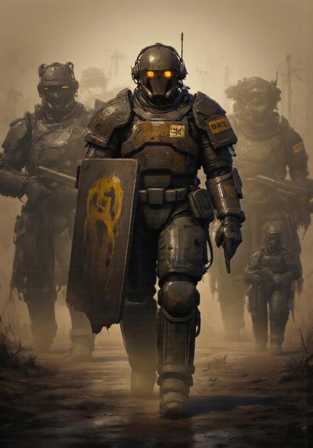 Brutalist Steampunk, gothic fantasy, moody lighting, rusted metal tones, ash and ember palette. Grimmdark, darktale, machanical, scattered golden runes and cybernectic line decorate.
Fallout style, The wastedland background, lowkey dim light, epic action scene.
The brutalist power armor wandering through. guns and turrets, Industrialized, police Armor, police shield, heavy gun.