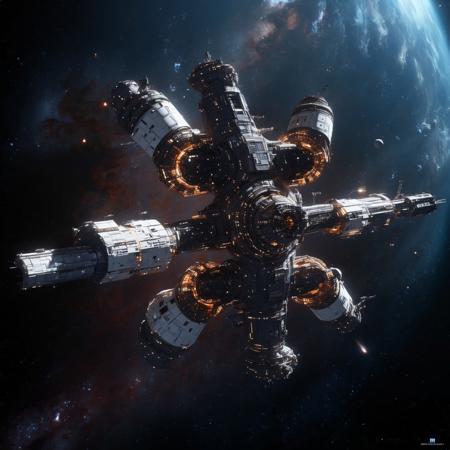 Design a breathtaking scene set in the vastness of space, where a futuristic spaceship is gracefully docking with a massive space station. Imagine this spacecraft as a marvel of human engineering, with sleek lines, glowing accents, and an array of advanced technologies on display. The space station, a towering structure with intricate details and multiple docking ports, serves as a bustling hub of interstellar activity.

As the spaceship aligns perfectly with the docking bay, highlight the intricate dance of mechanical arms and magnetic locks securing the two structures together. Add a dramatic touch with a vibrant nebula glowing in the background, its vivid colors contrasting the dark void of space. Enhance the sense of depth and movement with stars streaking across the scene, creating a captivating starfield.

Include subtle lighting effects to showcase the reflective surfaces of the spaceship and space station, emphasizing their metallic sheen. Perhaps add a few smaller vessels or spacewalkers nearby, providing a sense of scale and additional visual interest. The overall composition should evoke a sense of wonder, showcasing the beauty and excitement of space exploration and the potential of human ingenuity in the future.

