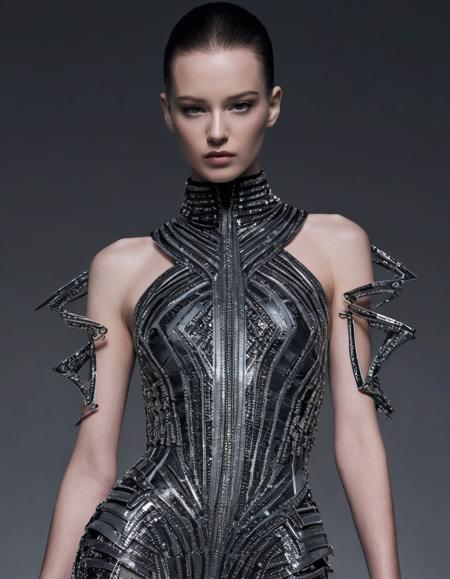 Techwear fashion <lora:Alexander McQueen-art deco-000005:1>,Alexander McQueen,art deco,dress,standing, full body,, hair, forehead, eyebrows, eyes, nose, lips, neck, collarbone, . Futuristic, cyberpunk, urban, tactical, sleek, dark, highly detailed
