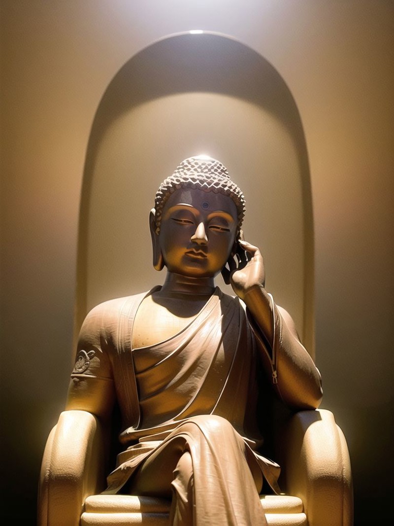 buddha statue meditating with alien accessories, sitting in giant lotus with crossed legs, 1male, (light disk behind head:...