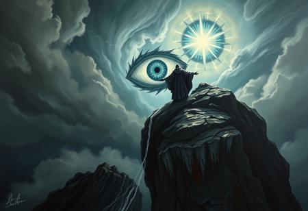 A dark fantasy illustration portraying a robed sorcerer standing atop a craggy cliff, summoning a massive, glowing eye symbol in the storm-filled sky above. The scene is rendered in intricate detail, with swirling clouds, crackling lightning, and a dramatic interplay of light and shadow adding to the awe-inspiring intensity.
( oil painting art style, monet style, monet style, painting, palette knives painting, impasto painting, canvas texture, (( Oil painting effect )), oil painting brush, oil painting style, brush stroke, monet style, oil painting detailers ), canvas, brush, palette, pigment, oil, varnish, texture, impasto, glazing, underpainting, still life, Renaissance, Baroque, Impressionism, modern art, contemporary art, fine art, visual art, and art history., ( simmering, sparkling, splendid, ultra-detailed, 4K, depth of field, high resolution, (( Masterpiece, best quality )), sharp focus, highly detailed, ultra high resolution, perfect fingers, ) ., midjourney style