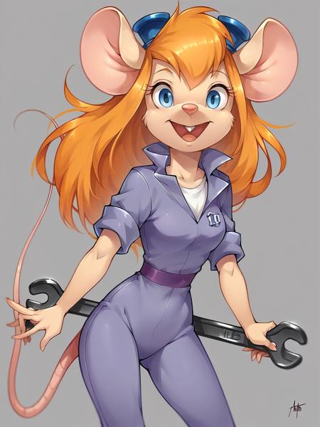 gadget, 1girl, solo, long hair, mouse tail, mouse ears, blue eyes, furry, buck teeth, orange hair