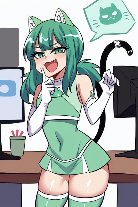 adchan, green hair, cat ears, low twintails white and green dress, elbow gloves, white gloves, green thighhighs, tail