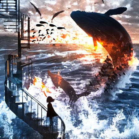 <lora:star_xl_v2:1>,
a woman standing on a stair case next to a fire hydrant in the water with birds flying around, 1girl, solo, short hair, dress, standing, outdoors, water, scenery, fish, silhouette, whale, shadow, railing, surreal, The image portrays a surreal and dramatic scene set against a backdrop of a vast, turbulent sea. Dominating the foreground is a massive, dark whale, seemingly emerging from the water with its tail raised. The sea is filled with smaller fish, creating a shimmering effect. To the right, a lone figure stands on a spiral staircase, gazing out at the sea. The sky is filled with birds, possibly seagulls, flying in various directions. The overall mood of the image is intense, with the juxtaposition of the massive whale and the solitary figure adding to the drama., sea, staircase, figure, birds, drama