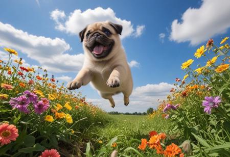 Highly detailed photograph of a pug puppy leaping through the air above a field of colorful flowers. Side view. Floppy ears, big eyes, very cute, very happy, joyful. Blue sky with fluffy clouds. Bright sun, god rays.