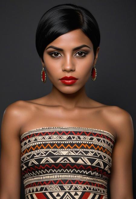aztec queen, looking at viewer, short black hair, makeup, parted lips, red lips, eyeliner, dark brown skin, small chest, smooth colors, ribs, aztec dress, bare shoulders, tribal tattoos