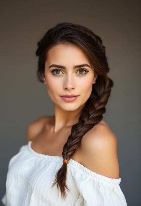 front view of a brunette beautiful woman, long braid over the shoulder side
