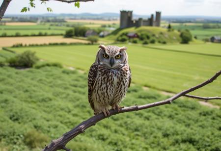 owl, looking bored, on a branch, daylight, high in a tree, plain fields in the background, rural ireland, summer, lots of green vegetation, castle ruin in the background,