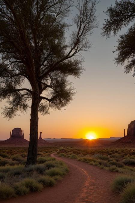 The sun sets over the horizon, casting a Resonant orange glow on the White dwarf below. In the distance, a winding path leads deep into the Monument Valley, lined with intricate ornaments of the River's waters and trees.