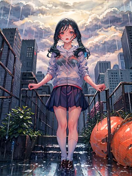 masterpiece, best quality, 1girl, solo, <lora:hin-5:1>, twintails, cloudy sky, water drop, rain, wet, school uniform, hooded jacket,