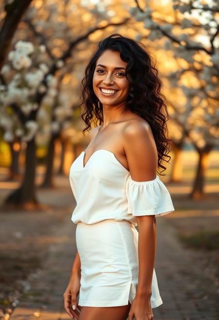 A full-body portrait of an Argentine woman, 25 years old, medium tan skin, long curly black hair, wearing a trendy white short dress, smiling radiantly in a scenic park with blossoming trees, golden hour lighting, cinematic detail, Canon RF 85mm f/1.4 lens, hyperrealistic textures, MidJourney v6.