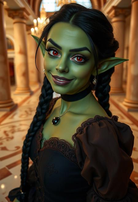 aesthetic ,  goth, goblin, green skin, black hair, braids, red eyes, indoors, ballroom, marble floor, vintage dress. castle, columns, teasing expression, playful, smug face,  nipple peek, big eyes, solo,  dutch angle,  g0thicPXL,  (big lips:0.6), (close up:1.2), portrait, small breasts, sideboob