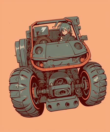 post-apocalyptic punk Buggy , SIC_OUTLINED, (illustration, rough outlines, thick outlines:1.1), exaggerated proportions, 2d character, <lora:SIC_outline_v1.01:1.2>, simple red background