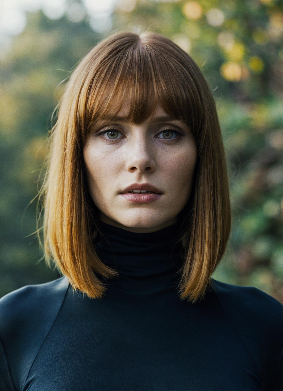 A woman with red hair wearing a black sweater.