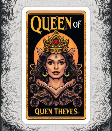 (sticker with text saying "queen of thieves"), intricately decorated full border along the edges, top view of tarot card, lady of the lake illustration, mysterious, wearing tattoo, rectangular border, trending on artstation by (vector-art), fabian perez, detailed realistic professional art masterpiece, (professional t-shirt design)