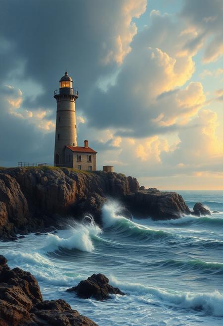 An old lighthouse on a rugged coastline, waves crashing at its base, dramatic sky, high detail, realistic, atmospheric perspective, cinematic lighting, masterful landscape painting, soft waves, highly detailed, 8k resolution, by Ivan Aivazovsky and Claude Monet