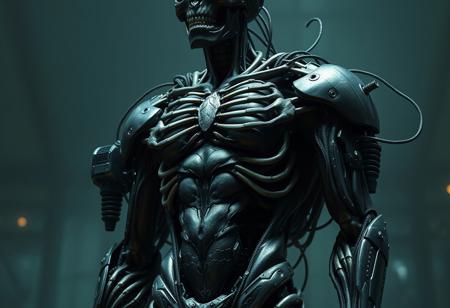 Create a highly detailed, 3D render of a muscular, male undead cyborg with exposed bones and black armor, in the style of Beksinski, Moebius, and Greg Rutkowski. The cyborg should be connected to heart machines, have a large bust, and be depicted in a dark, eerie atmosphere reminiscent of the Souls series. Incorporate elements of Transmetal II and Berserk, and ensure the artwork is SFW. The style should be a mix of remodernism and cyber octane render, with an Unreal Engine aesthetic. The final output should be a large, intricate artwork.