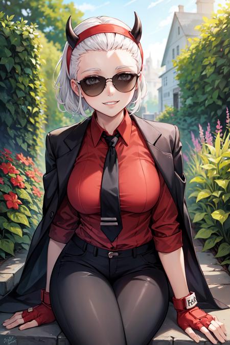 (masterpiece, best quality, glowing light, ultra detailed, detailed background, complex background), (perfect face, detailed face), (mature female, milf:1.3), white eyes, grey eyes, happy, smile
 <lora:justice:0.8>, justice, horns, demon girl, demon horns, black horns, gloves, shirt, short hair, red gloves, red shirt, sunglasses, fingerless gloves, jacket, black jacket, necktie, black necktie, pants, sunglasses, blunt bangs, hairband, hair slicked back, 
(outdoors, garden, thighs, pants, sitting, arms_support )