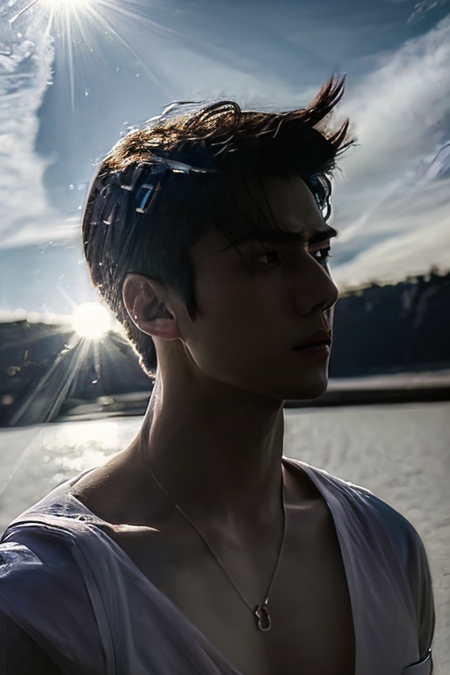 1boy, solo, male focus, (looking at viewer,close-up:1.2), short hair, crystal fractural, reflections, dramatic lighting, refraction, realistic, photorealistic (masterpiece, best quality)(mid body), outdoors, out of the city,