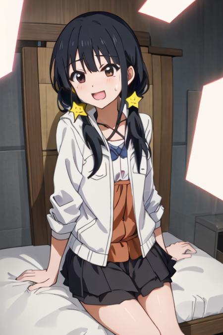 best quality, masterpiece, highres, solo, {akutsu_ruri_ahogirl:1.15}, black_hair, star_\(symbol\), twintails, hair_ornament, brown_eyes, open_mouth, long_hair, star_hair_ornament, 1girl, blue_bow, bow, shirt, sweatdrop, bangs, smile