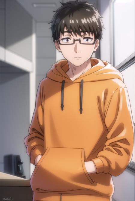 koikimomasuda, <lora:koikimo masuda s1-lora-nochekaiser:1>,
masuda, short hair, black hair, male focus, glasses, black-framed eyewear, (black eyes:1.5),
BREAK socks, pants, hood, hoodie, hood down, grey pants, grey socks, orange hoodie,
BREAK indoors,
BREAK looking at viewer, (cowboy shot:1.5),
BREAK <lyco:GoodHands-beta2:1>, (masterpiece:1.2), best quality, high resolution, unity 8k wallpaper, (illustration:0.8), (beautiful detailed eyes:1.6), extremely detailed face, perfect lighting, extremely detailed CG, (perfect hands, perfect anatomy),