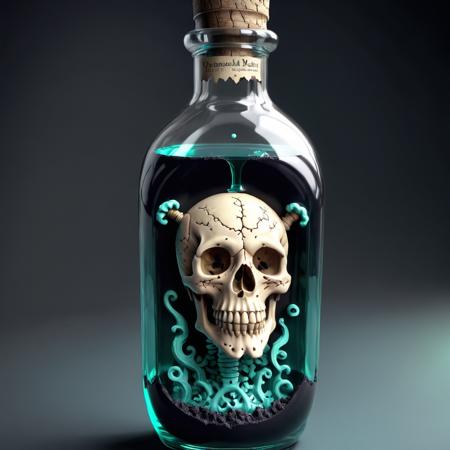 Thick layered papercut art of <lora:FFusionXL-SDXL-Potion-Art-Engine-LyCORIS-LoKR-v1:1>	skull in a bottle 3d model, hyper realistic poison bottle, glass skull, by Aleksander Kotsis, by Aleksander Kobzdej, potion, by Aleksander Gierymski, poison dripping, eerie highly detailed, by Anna Füssli, health potion, by Jesper Knudsen, by Bernardino Mei . Deep 3D, volumetric, dimensional, depth, thick paper, high stack, heavy texture, tangible layers