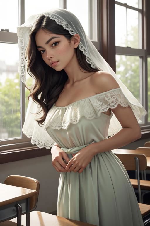 A young woman wearing a white dress and a lace veil.