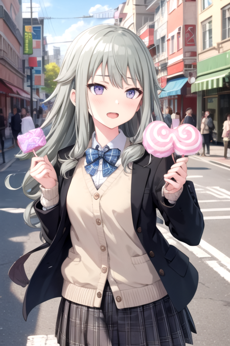 nene, 1girl, long hair, open mouth, skirt, shirt, purple eyes, grey hair, outdoors, food, green hair, solo focus, plaid, plaid skirt, cardigan, balloon, cotton candy<lora:NotKyo:0.7>