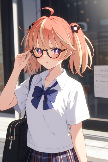 rinne, glasses, hair bobbles, school uniform