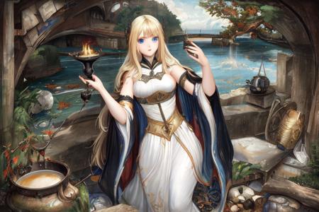 outdoor; solo, waifu sorceress with blonde hair, blue eyes, white dress and black cape, boiling potion in cauldron; exceptional, best aesthetic, new, newest, anime, masterpiece, best quality, ultra detailed; correct anatomy, golden ratio, perspective; painting by John William Waterhouse