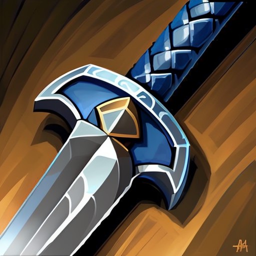 sword with blue handle and ornate bronze crossguard, black background, stylized game icon, by greg manchess, trending on a...