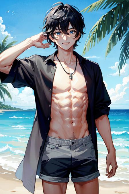 AxiaKrone, blue eyes, black hair, 1boy, solo, smile, standing, dynamic pose, <lora:AxiaKrone-03:0.4>, 8k, masterpiece, best quality, absurdres, perfect anatomy, cinematic lighting, cowboy shot, (beach, palm trees, shorts), no shirt