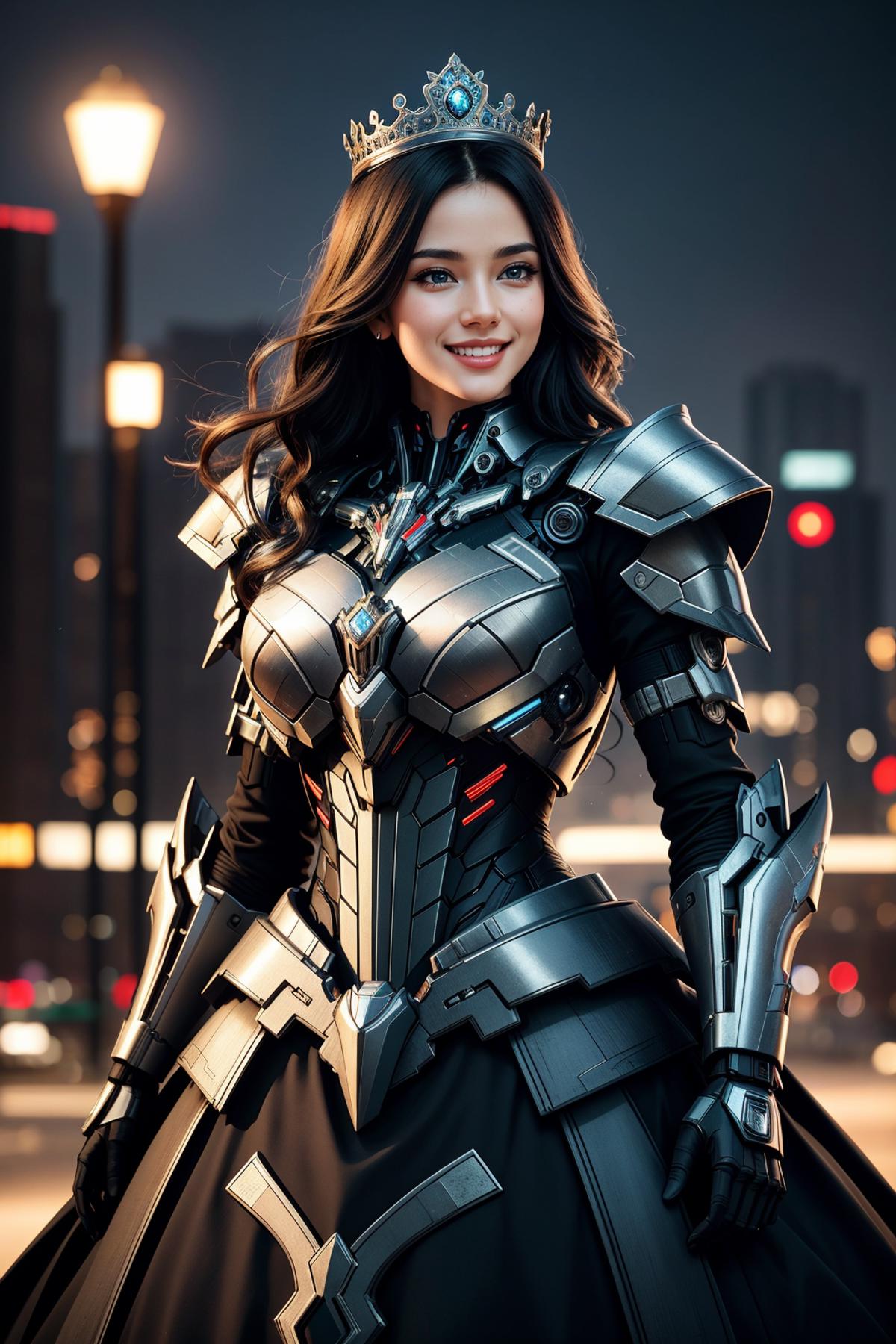 A woman in a futuristic armor and helmet standing in front of a city skyline.