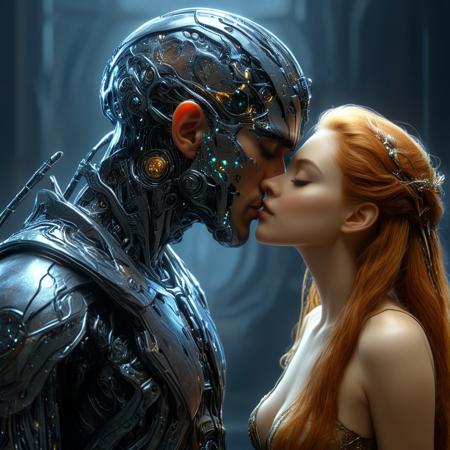 brutal biomechanical cyborg man kissing a beautiful elven queen, magical, sci-fi, beautiful, unimaginable, 
very dramatic, naturalistic, photorealistic, highly detailed digital art, science vs fantasy, 
accurate intricate and realistic anatomy, 
soft lighting, Cinematic, Color Grading, Editorial Photography, volumetric lighting, atmospheric, Photography,
