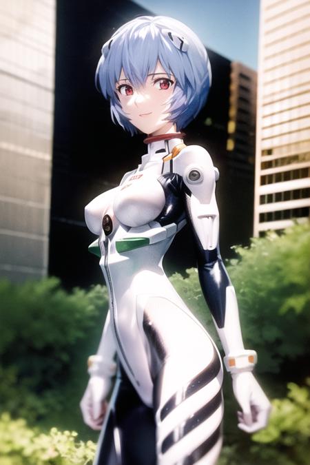 masterpiece, best quality, 1girl, ayanamirei, eva00plugsuit, interface headset, looking at viewer, light smile, city <lora:AyanamiReiV3-000014:0.8>