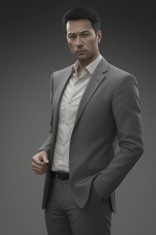 best quality,masterpiece,(realistic:1.2)quality,realistic,masterpiece,Highly detailed,1boy,office man,adult,asian,black hair,suit,standing,hand in pocket,grey_background,moody lighting,full_shot,frontlight,highres,absurdres,incredibly_absurdres,huge_filesize,