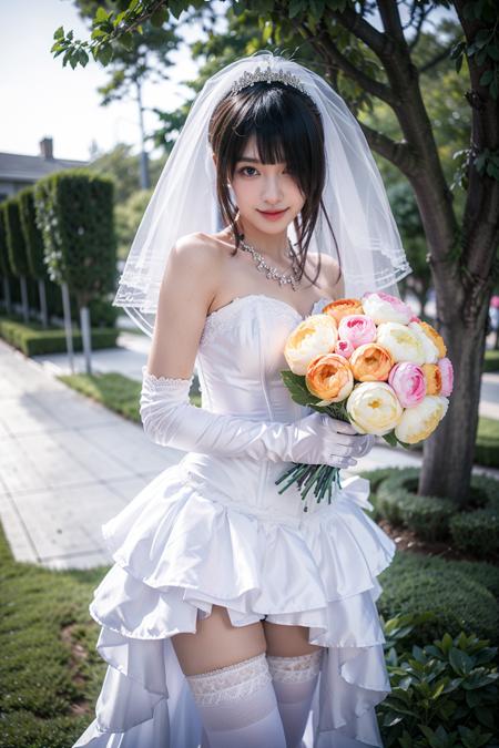 tokisaki kurumi cosplay costume, tokisaki kurumi, alternate costume, red eyes, black hair, hair over one eye, bride, dress, white dress, wedding dress, bridal veil, veil, elbow gloves, gloves, necklace, thighhighs, white thighhighs, high heels