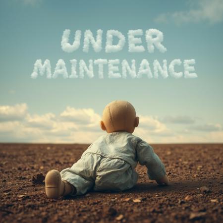 a torn and dirty doll sits flat on the ground with its back to the viewer and stares off to the distance, and in the sky the only visible clouds spell the words "UNDER MAINTENANCE"