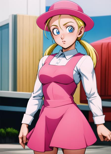 masterpiece, best quality, highest quality, photorealistic, perfect anatomy, perfect face, perfect eyes,
<lora:marondbgt_ex_01:0.7>, marondbgt, 1girl, pink dress, blonde, pink headwear, pink, hat, blue eyes, solo, twintails, white shirt, collared shirt, low twintails