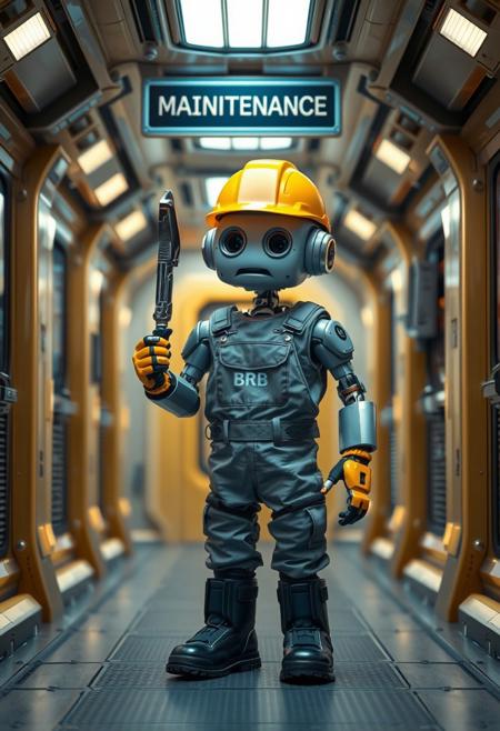 Photo of a maintenance robot, (wearing a yellow hardhat, grey janitor overalls, black work boots), holding a large screwdriver, (a sign displaying the word "Maintenance, BRB" is visible), in a spaceship corridor, comedic atmosphere, the android has a cyborg face with a  world-weary expression, Cinematic lighting, 8k, ultra realistic, hyper detailed, sci-fi, highlights, RAW, realistic, photo, best quality, (dramatic lighting), (sharp focus, intricate), Style-DoF