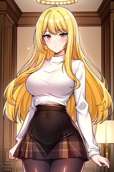 ((masterpiece, best quality)),1girl,standing,solo,indoors,blush,large breasts,((bare hands)),bow breasts,  bangs,  alice \(seka\), blonde_hair,(pantyhose), plaid, (plaid_skirt), red_eyes, solo, sweater, turtleneck, (white turtleneck_sweater, white_sweater) ,,,,,, ,extremely detailed CG unity 8k wallpaper, perfect lighting,Colorful, Bright_Front_face_Lighting,White skin, (masterpiece:1.0),(best_quality:1.0), ultra high res,4K,ultra-detailed, photography, 8K, HDR, highres, absurdres:1.2, Kodak portra 400, film grain, blurry background, bokeh:1.2, lens flare, vibrant_color,professional photograph,bow breasts,(Beautiful large_Breasts), (beautiful_face:1),(narrow_waist),Beautiful Finger,Beautiful long legs,Beautiful body,Beautiful Nose,Beautiful character design, perfect face,perfect balance,(2d)