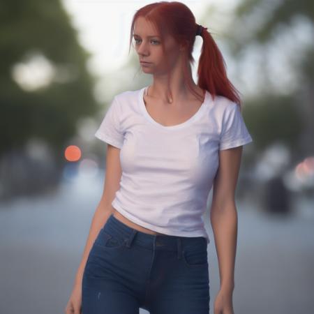 PIFA, a body portrait of a woman, redhead with a ponytail, (wearing blue jeans and a white t-shirt:1.2), standing on the street, looking away from viewer, master piece, sharp focus, intrincate details, 8k uhd, dslr, soft lighting, high quality, film grain, Fujifilm XT3<lora:PIFA-10:1>